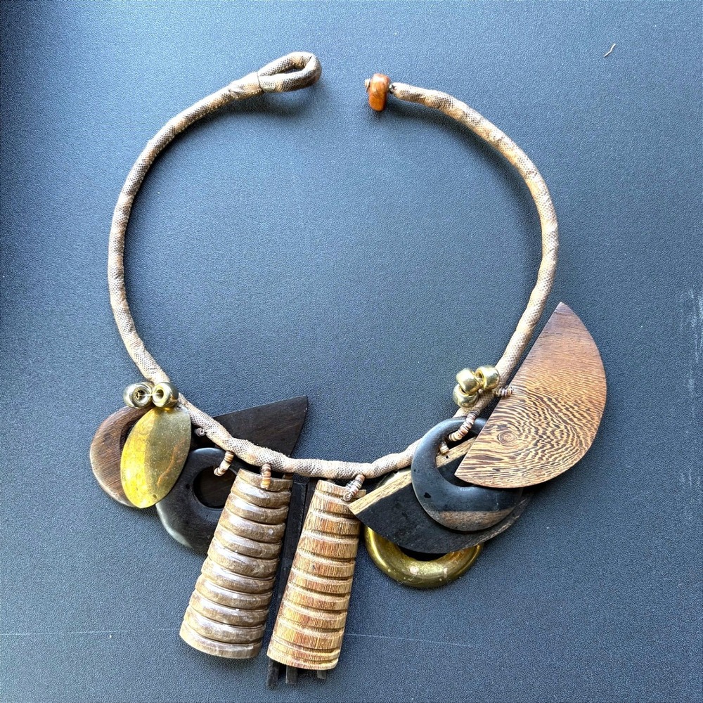 Vintage Tribal Statement Necklace Carved‎ Wood Leather Horn Brass Geometric